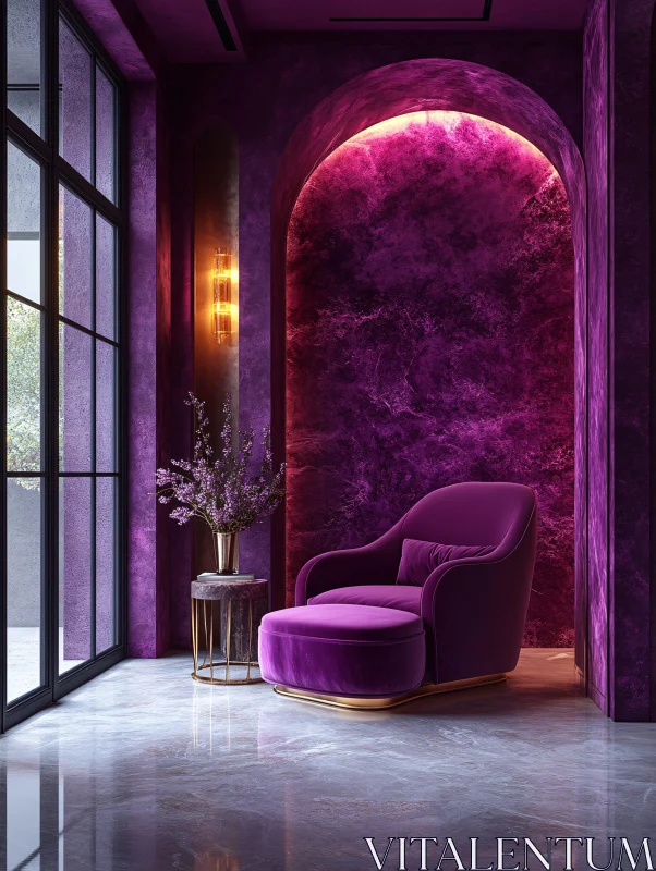 AI ART Elegant Purple Interior with Cozy Armchair and Modern Decor