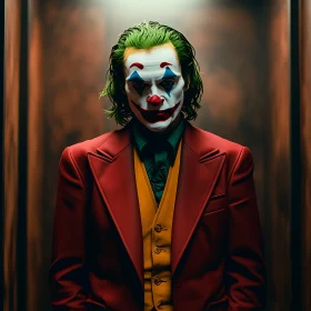 Joker Character in Maroon Suit and Clown Makeup