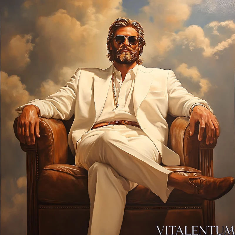 Man in White Suit with Sunglasses on Leather Chair AI Image