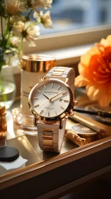 Luxurious Gold and White Wristwatch on Dresser
