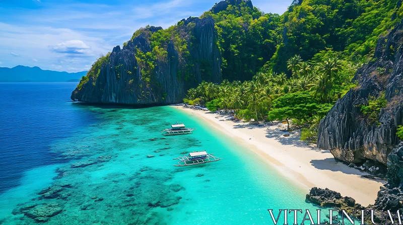 Tropical Paradise Beach Scene with Boats and Cliffs