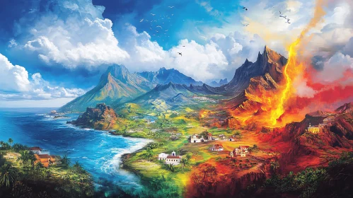 Contrasting Natural Wonders of Mountains, Volcano, and Sea