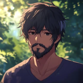 Contemplative Anime Character Amid Sunlit Foliage