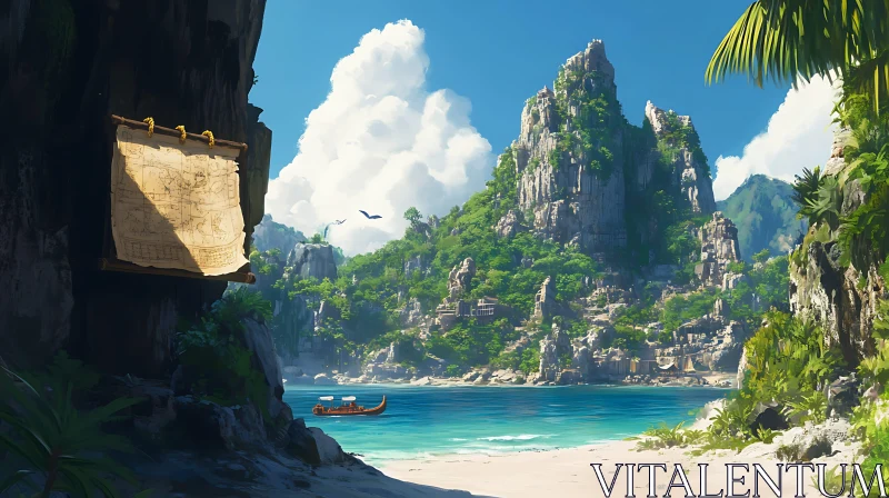 Tropical Paradise with Ancient Map and Boat