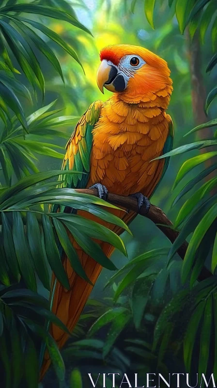 AI ART Tropical Parrot Among Leaves