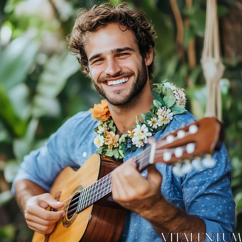 Smiling Man with Guitar and Floral Lei Among Lush Greenery AI Image