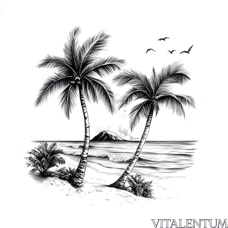 Tranquil Beach Illustration in Black and White AI Image