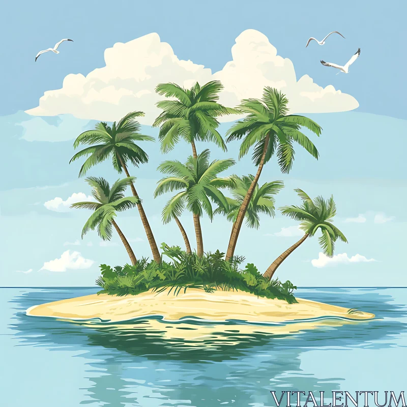 Peaceful Island with Palm Trees Surrounded by Ocean AI Image