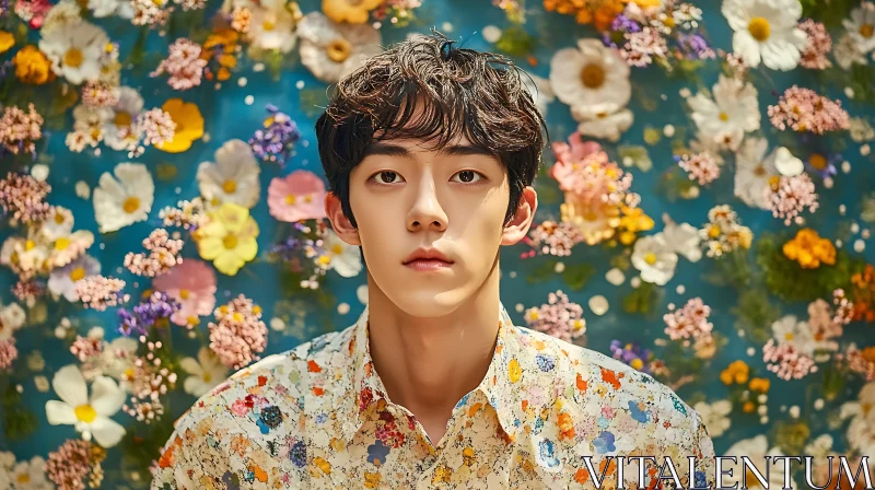 Colorful Floral Background with Young Man AI Image