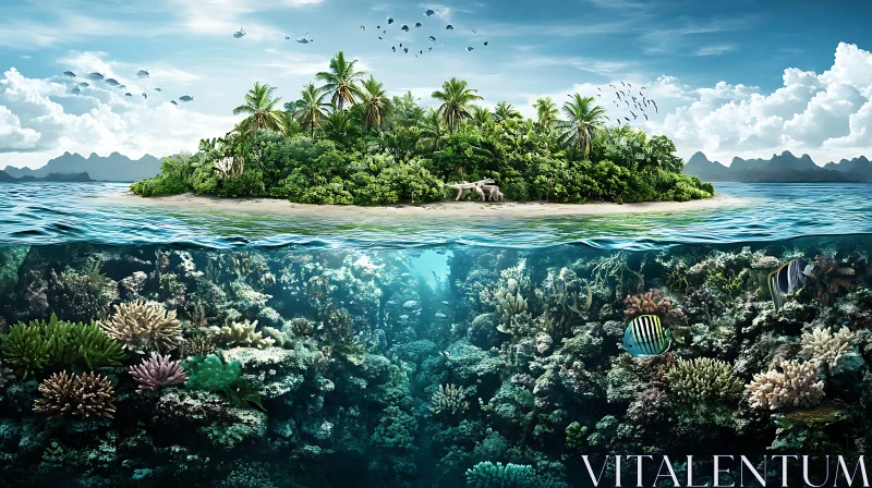 Underwater Coral Reef and Tropical Island AI Image