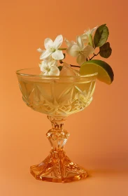 Cocktail in Crystal Glass with Lime and Flowers