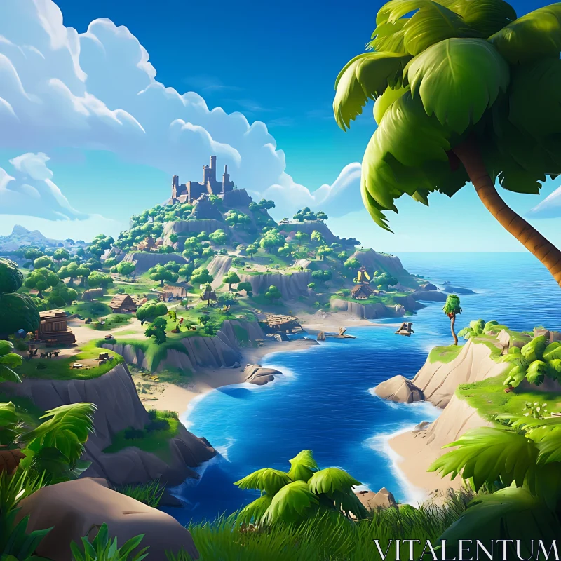 Tropical Island Scene with Castle AI Image