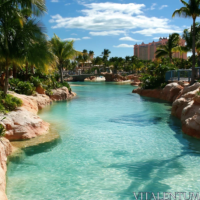 Tranquil Island Resort with Palm-Lined Waterway AI Image