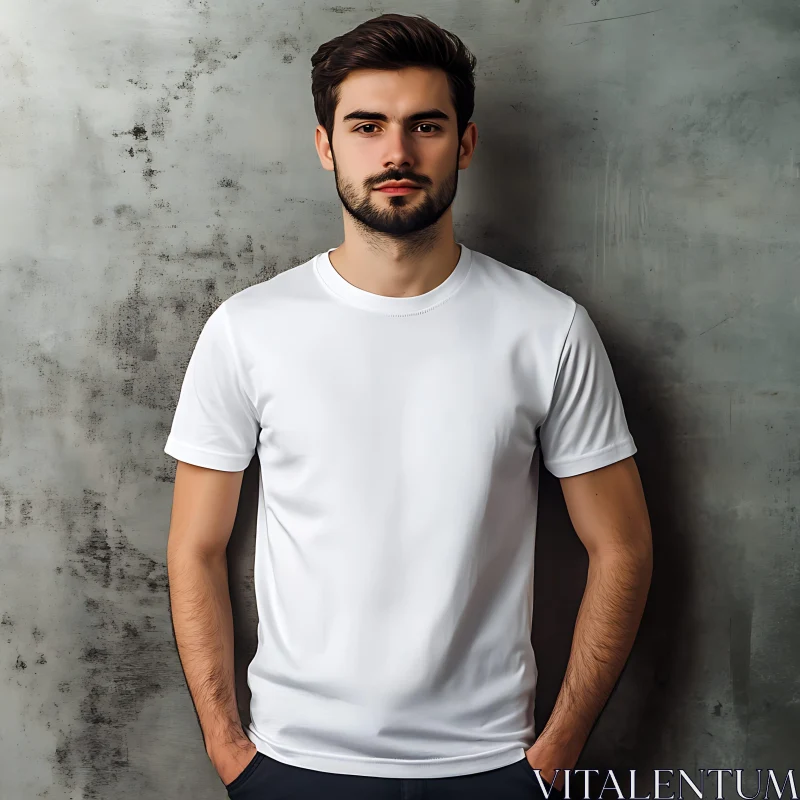 Casual Portrait of a Bearded Man in a White Shirt AI Image