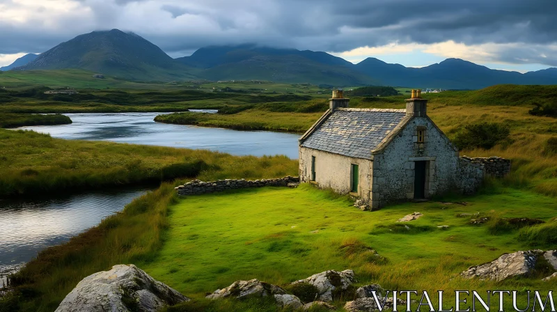 Picturesque Landscape with Historic Cottage and Mountains AI Image