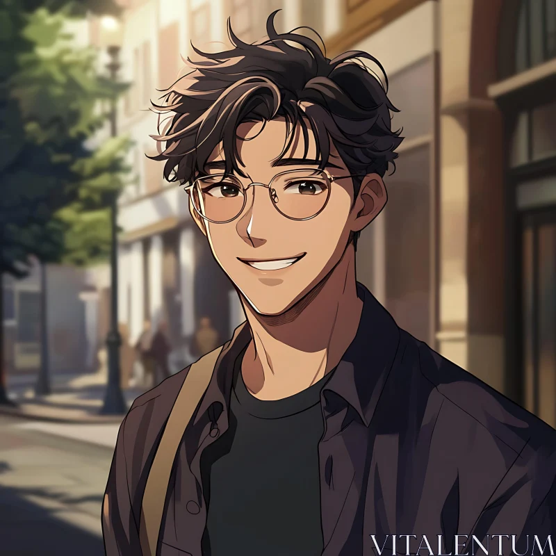 Friendly Anime Man Portrait in Urban Setting AI Image