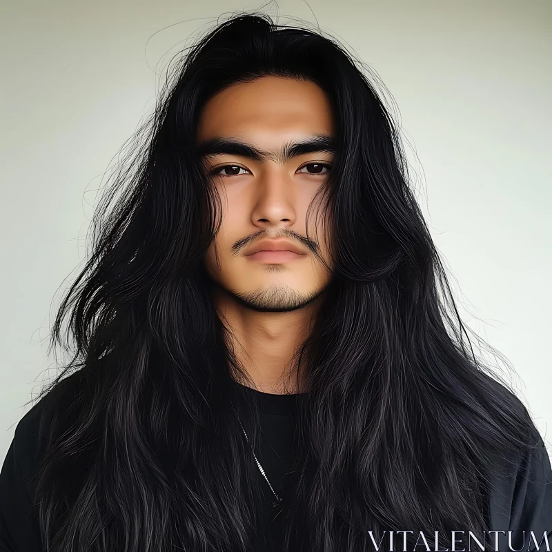 Man with Long Black Hair Portrait AI Image