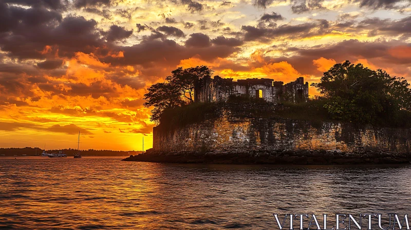 Ancient Ruins Island at Sunset AI Image