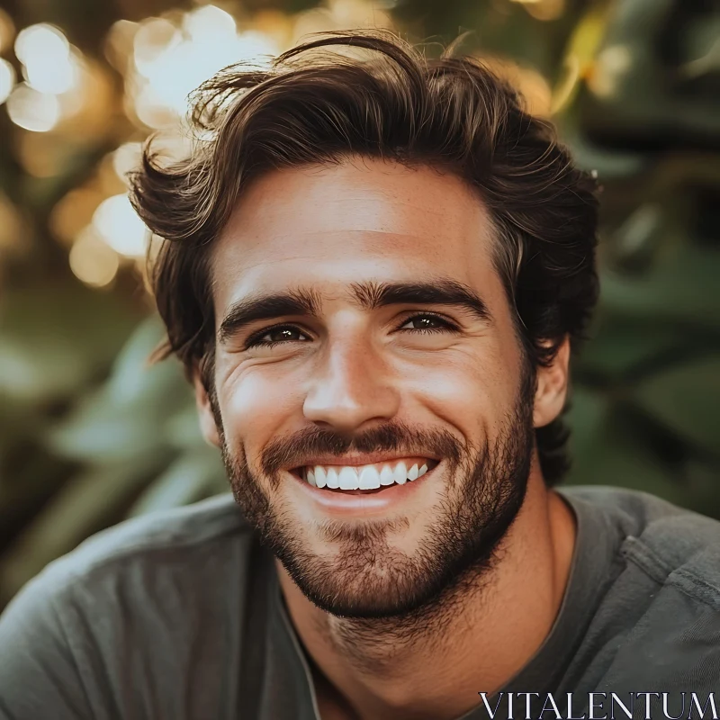 Bearded Young Man with Bright Smile in Outdoor Setting AI Image