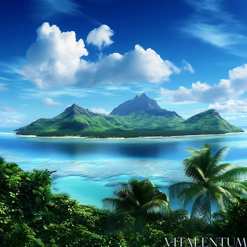 Picturesque Tropical Island and Lush Mountains AI Image