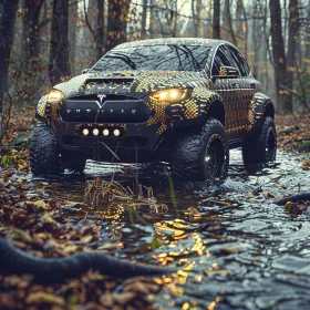 SUV Driving Through Forest Stream