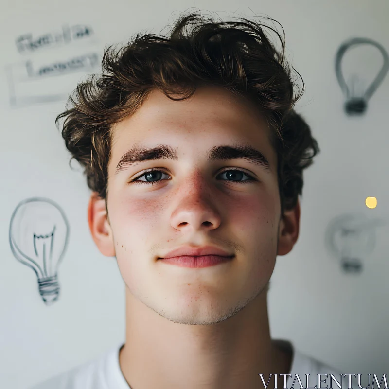 Young Man's Close-Up With Light Bulb Sketches AI Image