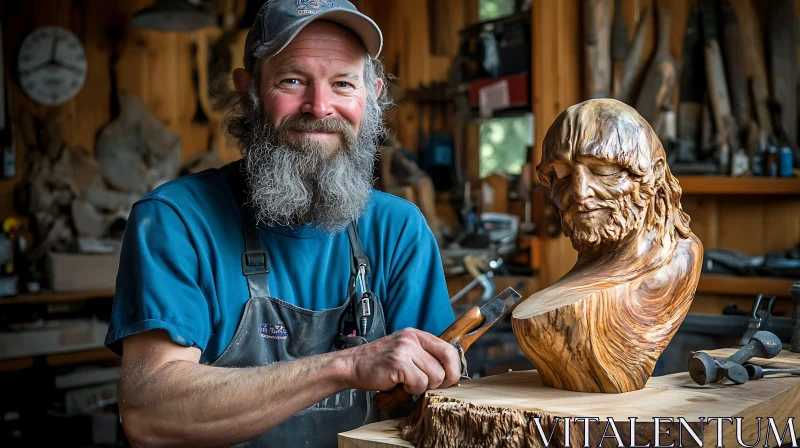 Artisan in Workshop Creating Wooden Sculpture AI Image