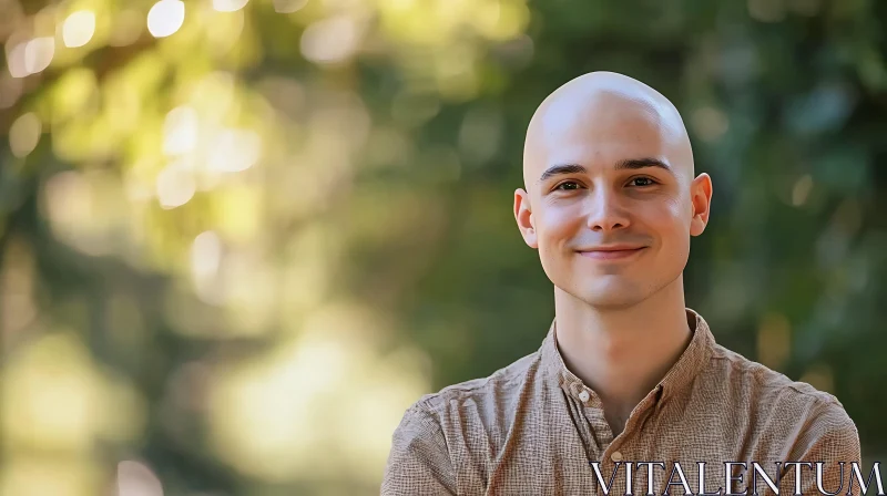 Gentle Smile of a Bald Man Outdoors AI Image