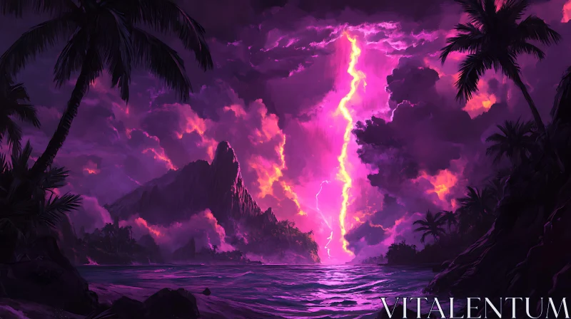 Lightning and Pink Sunset Over Tropical Ocean AI Image