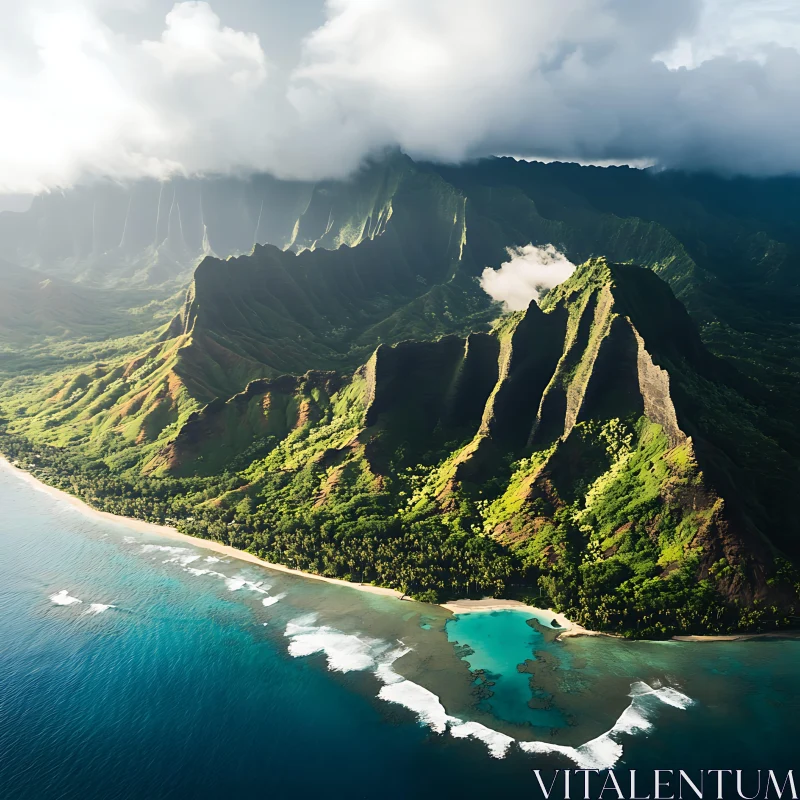 Scenic Aerial Landscape of a Lush Mountain Island AI Image