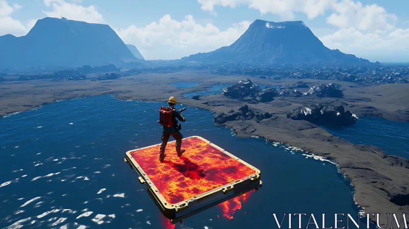 Traveler on Glowing Platform Amid Volcanic Terrain AI Image