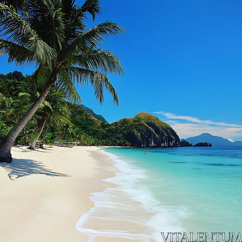 Idyllic Beach Scene with Lush Greenery and Clear Blue Skies AI Image