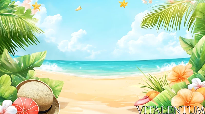 Tropical Paradise Beach with Floral Accents AI Image