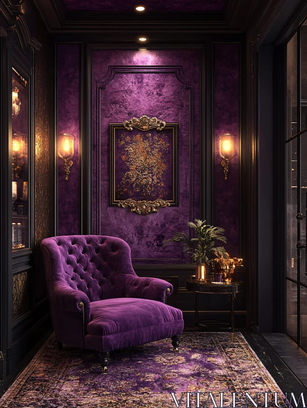 Opulent Purple Room with Tufted Armchair and Gold Accents AI Image