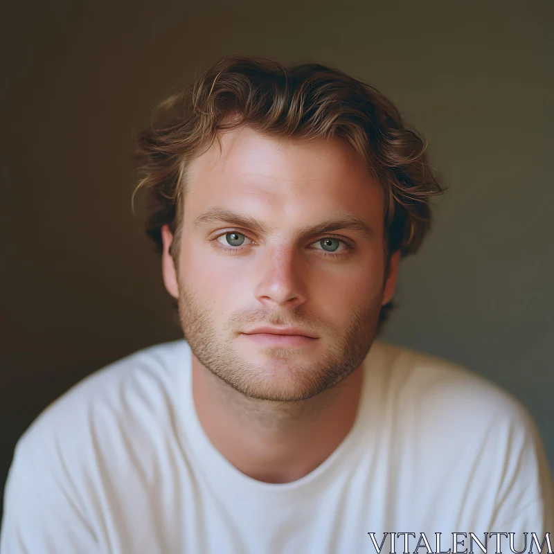 Serene Man with Green Eyes in White T-Shirt AI Image