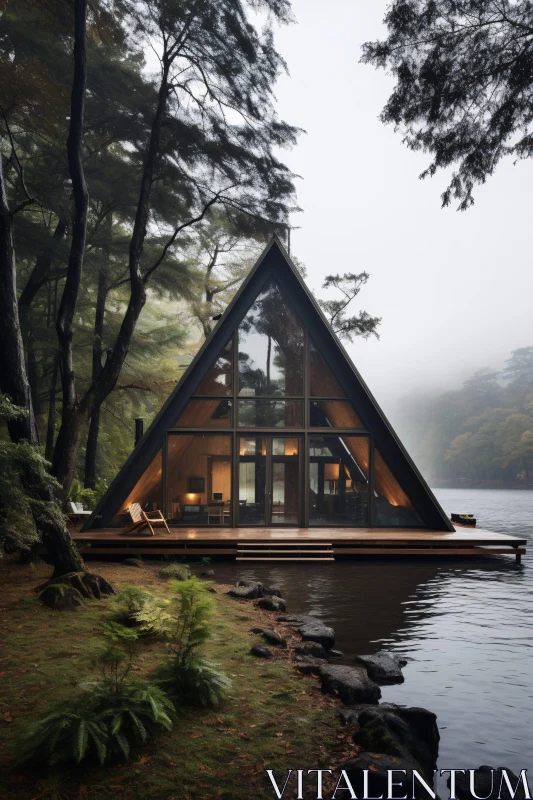 Serene Lakeside A-frame Cabin in a Forest AI Image