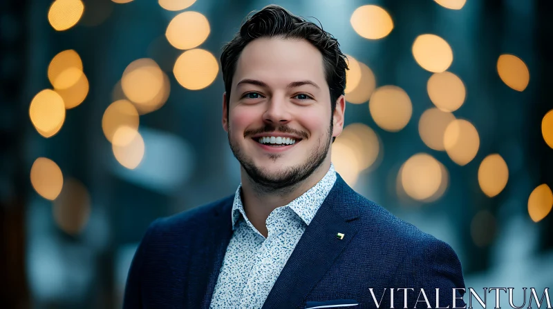 Happy Man in Formal Attire with Decorative Lights AI Image