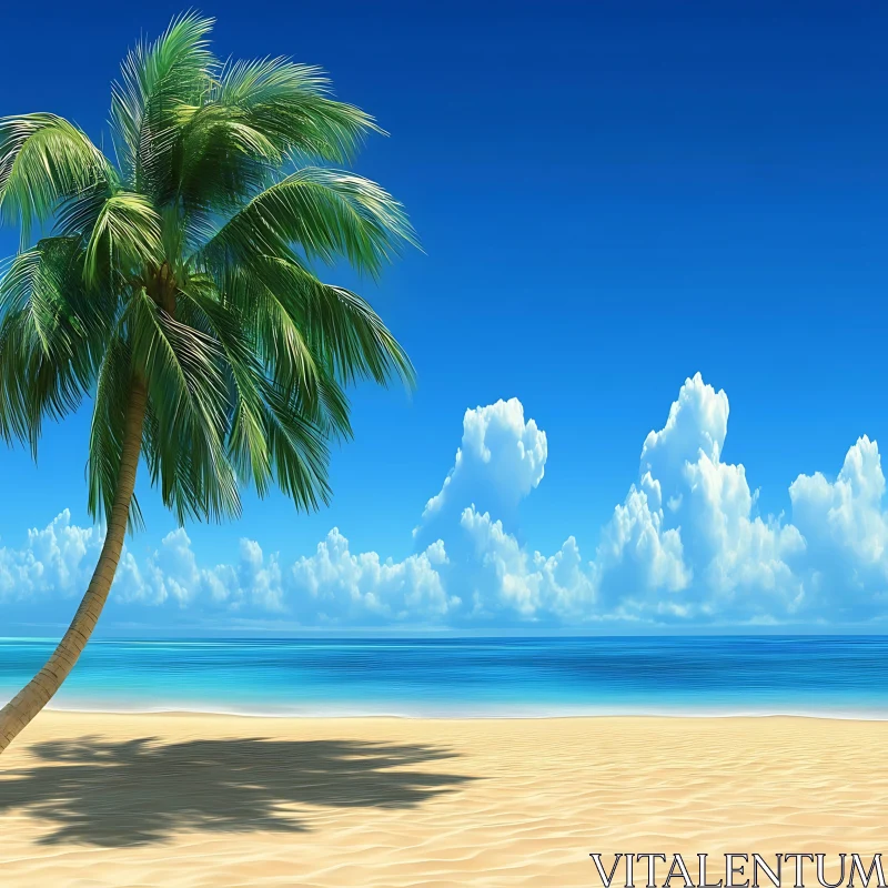 Tranquil Coastal View with Palm Tree AI Image