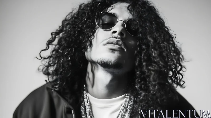 Black and White Fashion Portrait with Curly Hair and Sunglasses AI Image