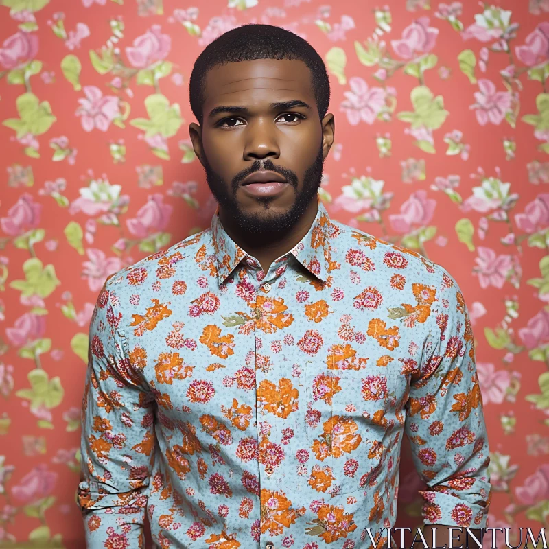 Stylish Man in Floral Shirt Against a Flowered Backdrop AI Image