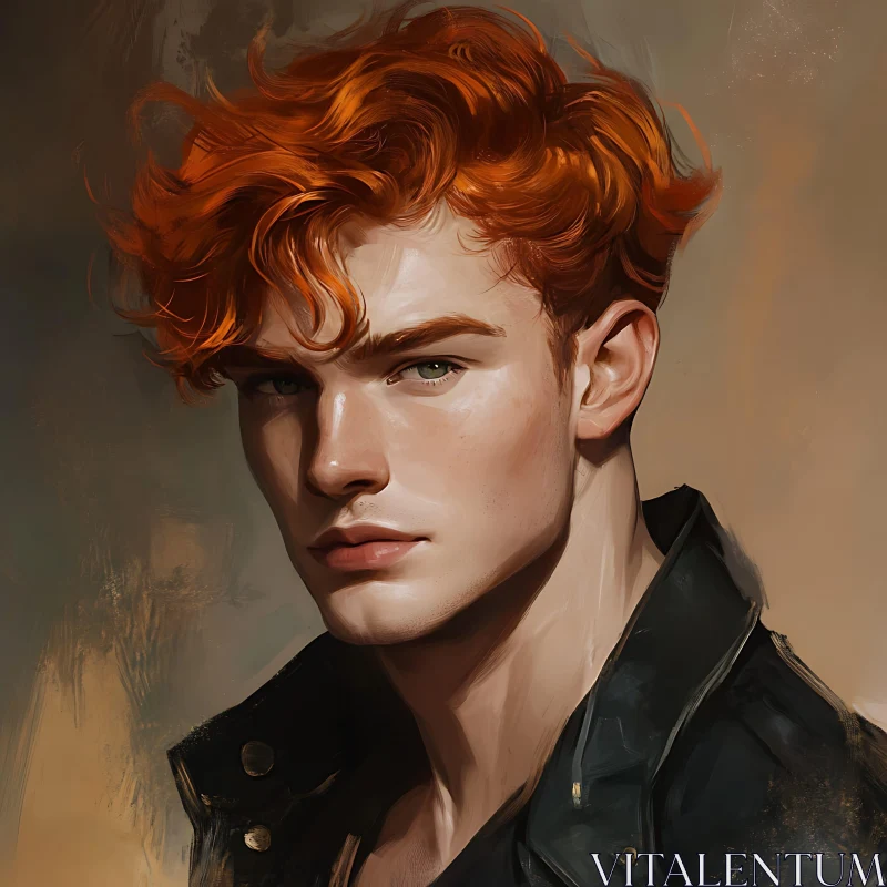 Mysterious Redhead Man in Leather Jacket AI Image