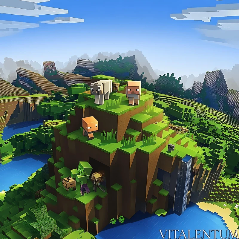 Sandbox Game Scene with Blocky Mountain and Waterfall AI Image