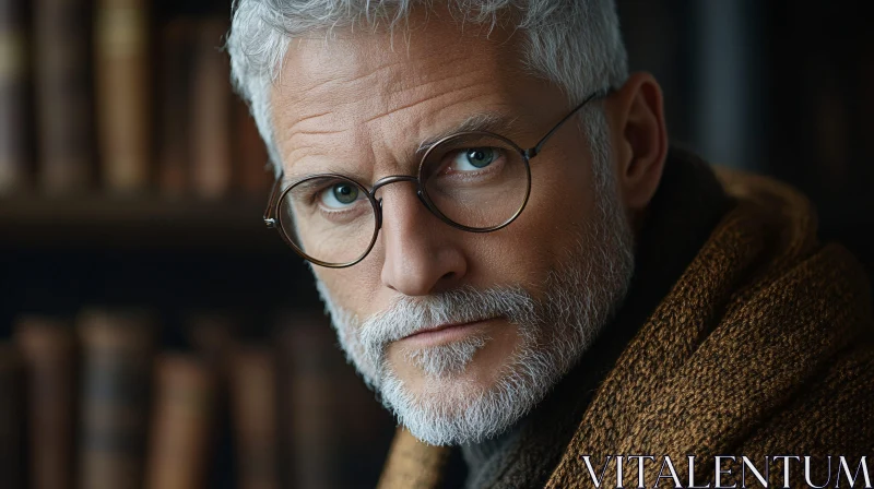 Solemn Elderly Man in Glasses Posed in Library AI Image