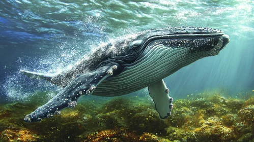 Whale in Sunlit Ocean Depths