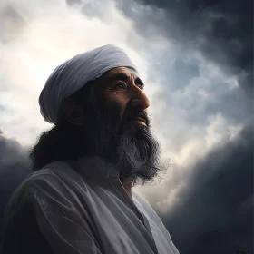 Elderly Man with Turban in Serene Sky