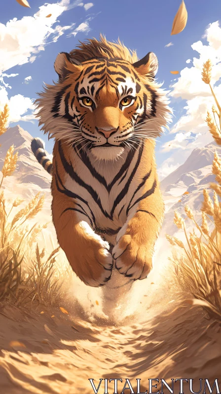 Tiger in Mid-Run Amidst Wheat Field AI Image