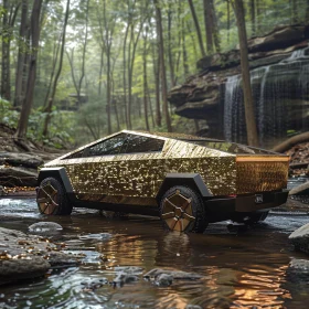 Golden Cybertruck in Serene Natural Setting