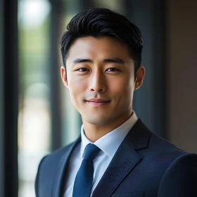 Confident Businessman in Dark Suit and Blue Tie