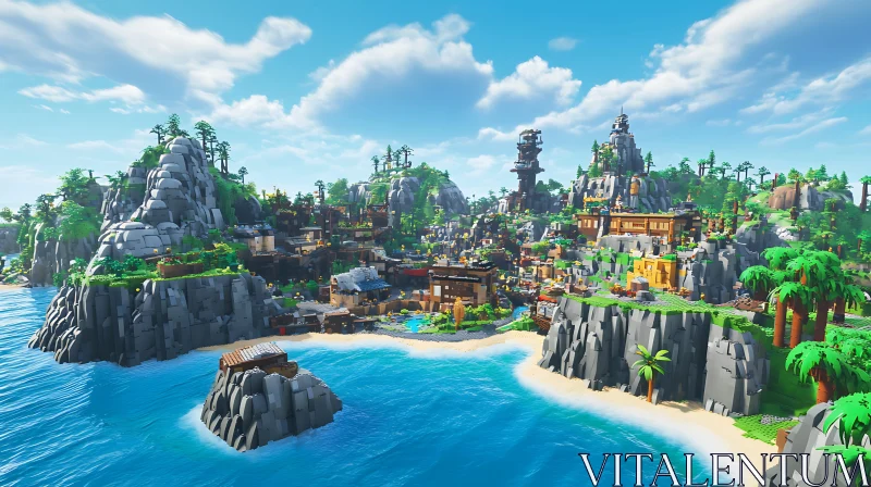 Lego Island with Mountains and Beaches AI Image