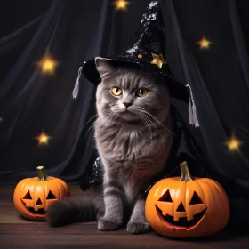 Halloween Cat with Spooky Pumpkins